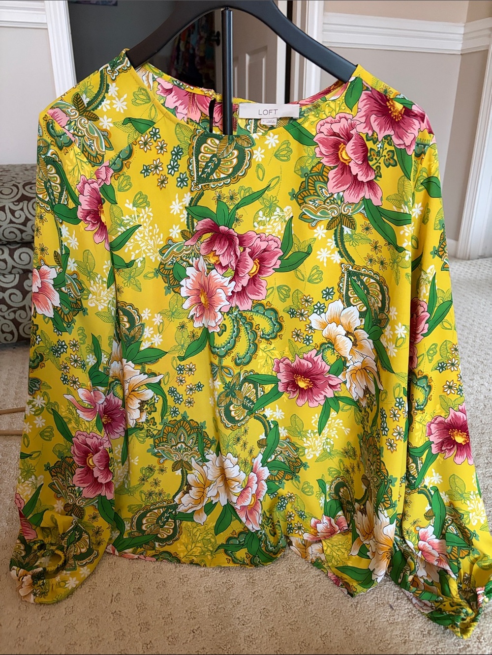 LOFT Yellow Floral Long Sleeve Blouse with Pink & Green Accents